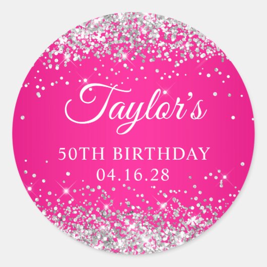 シルバーグリッターホットピンク50誕生日 ラウンドシール (正面)