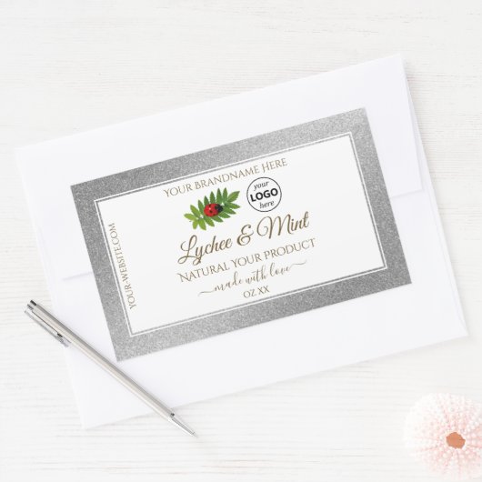 シルバーグリッターホワイト製品ラベルLadybugロゴ 長方形シール (封筒)