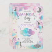 シルバーグリッターマジカルユニコーン誕生日 招待状 (正面/裏面)