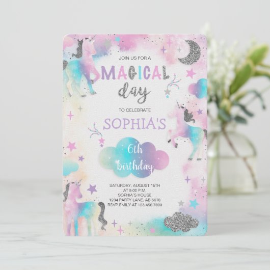 シルバーグリッターマジカルユニコーン誕生日 招待状 (スタンド正面)