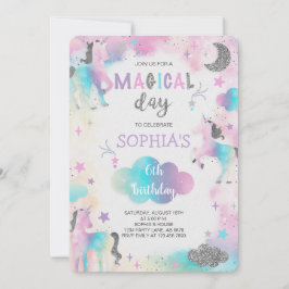シルバーグリッターマジカルユニコーン誕生日 招待状