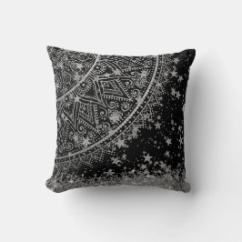 シルバーグリッターマンダラと銀の星が黒 クッション