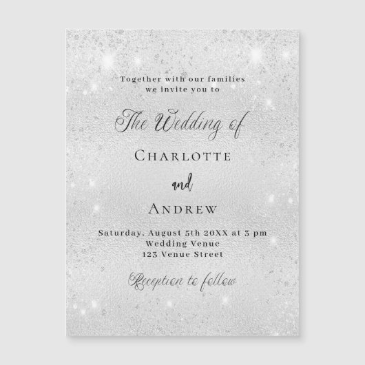 シルバーグリッターミニマフォーマルリスト結婚ラグジュアリー マグネット招待状 (正面)