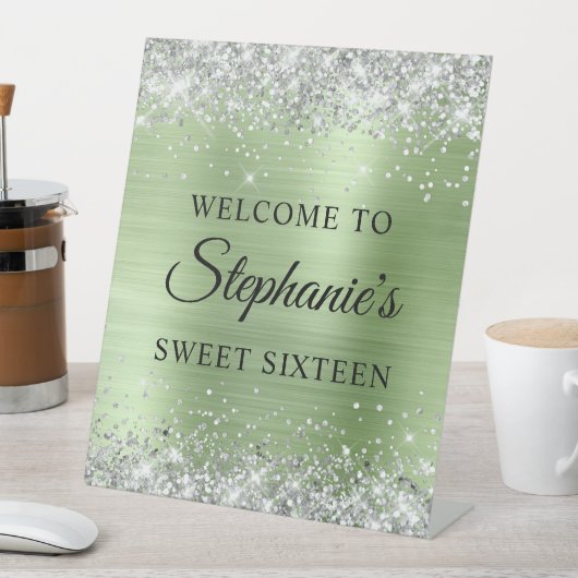 シルバーグリッターミントグリーンフォイル16誕生日 台座サイン (インサイチュ)