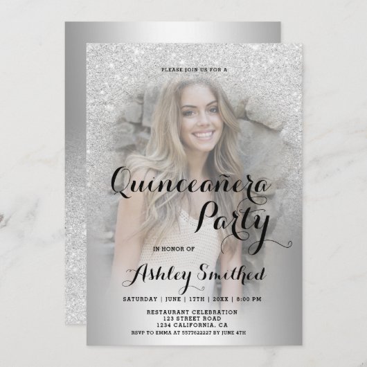 シルバーグリッターメタグラデーションリックフォトキンセアニェラ 招待状 (正面/裏面)