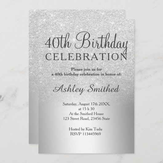 シルバーグリッターメタグラデーションリック40歳の誕生日 招待状 (正面/裏面)