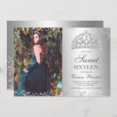 シルバーグリッターメタリック写真ティアラSweet 16 招待状 (正面/裏面)