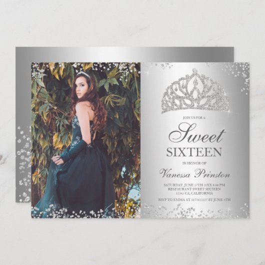 シルバーグリッターメタリック写真ティアラSweet 16 招待状 (正面/裏面)