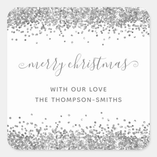 シルバーグリッターメリークリスマススクリプト名ホワイト スクエアシール (正面)