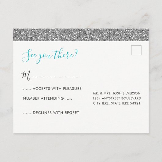 シルバーグリッターモダンおもしろいRSVP応答はがき エンクロージャーカード (裏面)