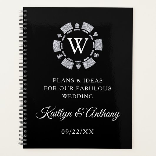 シルバーグリッターモノグラムトランプのポーカーチップカ結婚ジノ プランナー手帳 (正面)