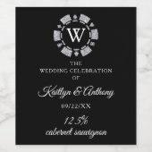 シルバーグリッターモノグラムトランプのポーカーチップカ結婚ジノ ワインラベル (シングルラベル)