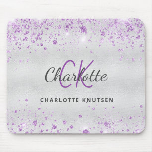 シルバーグリッターモノグラム紫の金属名 マウスパッド