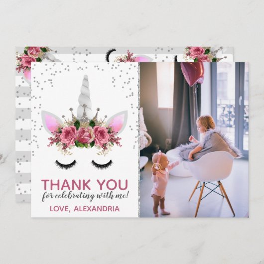 シルバーグリッターユニコーンプリンセスサンキュー 招待状 (正面/裏面)