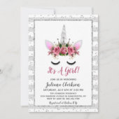 シルバーグリッターユニコーンプリンセスベビーシャワー 招待状 (正面)