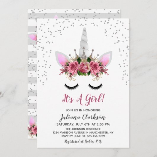 シルバーグリッターユニコーンプリンセスベビーシャワー 招待状 (正面/裏面)