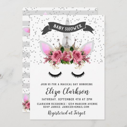 シルバーグリッターユニコーンプリンセスベビーシャワー 招待状 (正面/裏面)