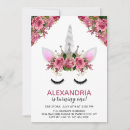 シルバーグリッターユニコーンプリンセス誕生日 招待状