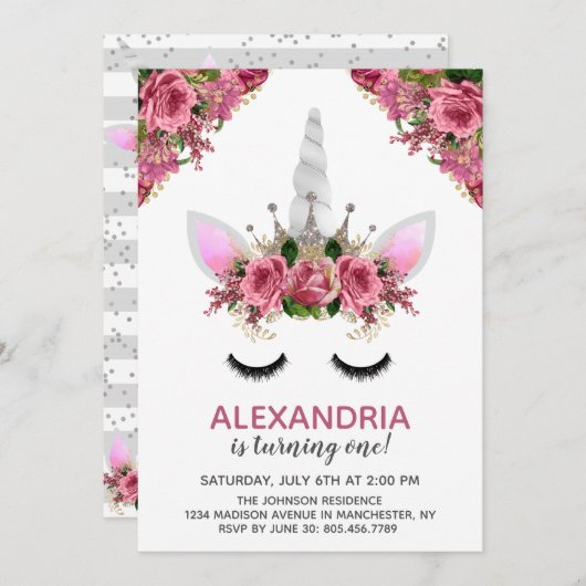 シルバーグリッターユニコーンプリンセス誕生日 招待状 (正面/裏面)