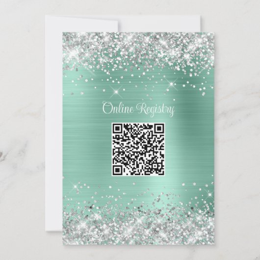 シルバーグリッターライトティール(緑がかった色)ベビーシャワー 招待状 (裏面)