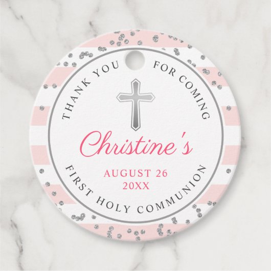 シルバーグリッターライトピンクストライプ色の最初の聖餐式 フェイバータグ (正面)