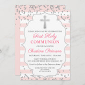 シルバーグリッターライトピンクファースト聖餐式 招待状 (正面/裏面)