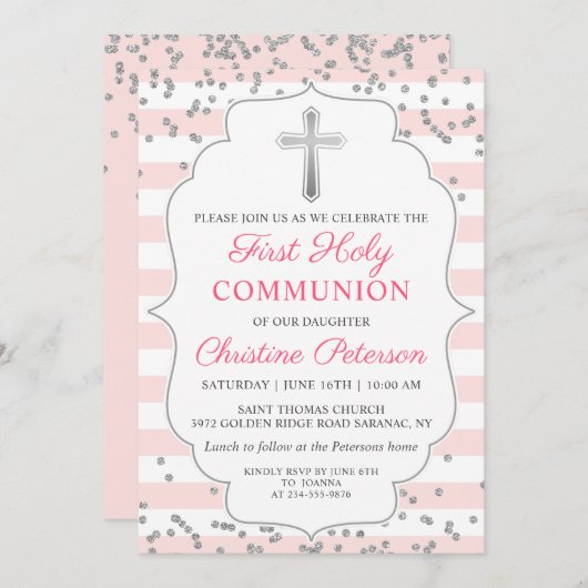 シルバーグリッターライトピンクファースト聖餐式 招待状 (正面/裏面)