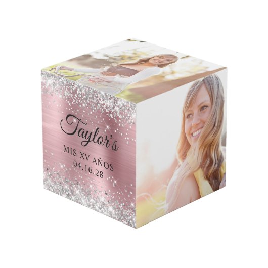 シルバーグリッターライトピンクフォイルMis XVアニョス写真 フォトキューブ (正面アングル)