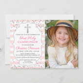 シルバーグリッターライトピンク写真第1聖餐式 招待状 (正面)