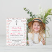 シルバーグリッターライトピンク写真第1聖餐式 招待状 (スタンド正面)