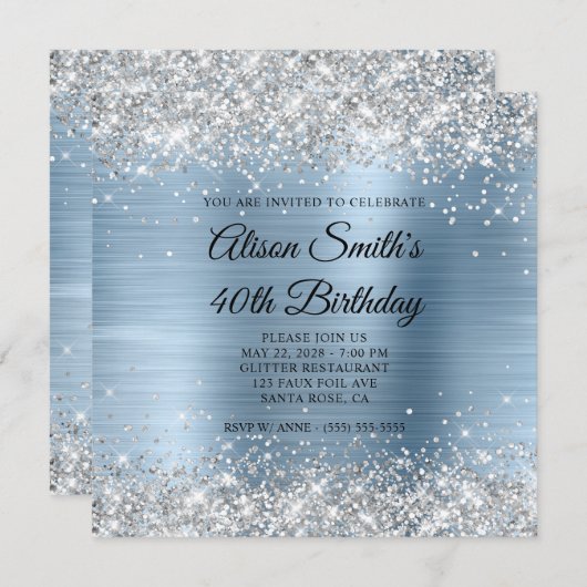 シルバーグリッターライトブルーモノグラム40th誕生日 招待状 (正面/裏面)