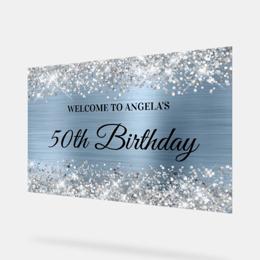 シルバーグリッターライトブルー50th誕生日へようこそ アクリルサイン (傾斜)