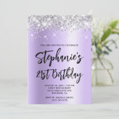 シルバーグリッターラベンダーきらめくはっきりした21歳の誕生日 招待状 (スタンド正面)