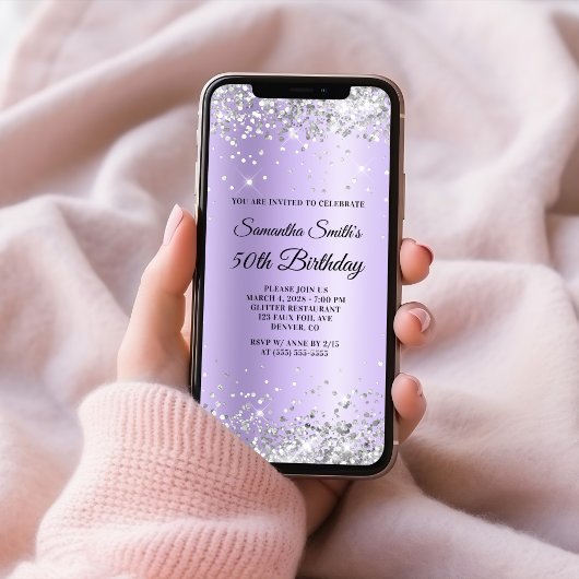 シルバーグリッターラベンダーサテン50誕生日 招待状