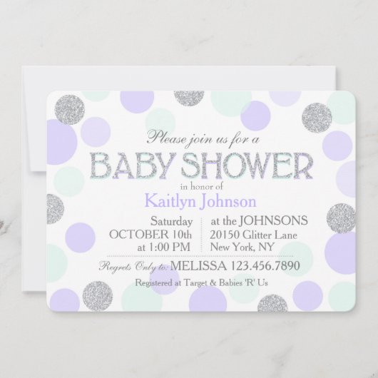 シルバーグリッターラベンダーシーフオムドットベビーシャワー 招待状 (正面)