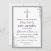 シルバーグリッターラベンダーパープルファースト聖餐式 招待状 (正面)