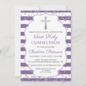 シルバーグリッターラベンダーパープルファースト聖餐式 招待状 (正面)