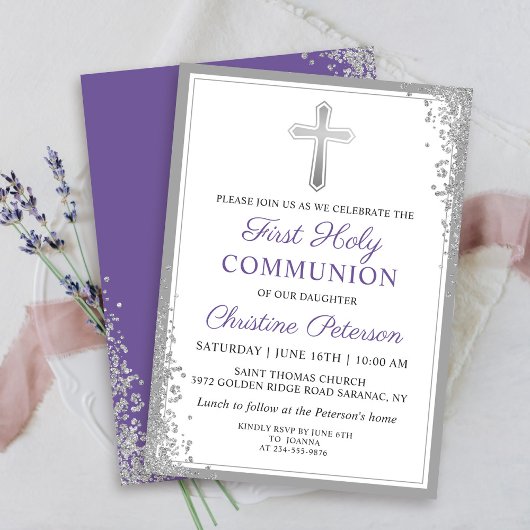 シルバーグリッターラベンダーパープルファースト聖餐式 招待状