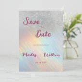 シルバーグリッターレインボーホログラフィックデートの保存 招待状 (スタンド正面)