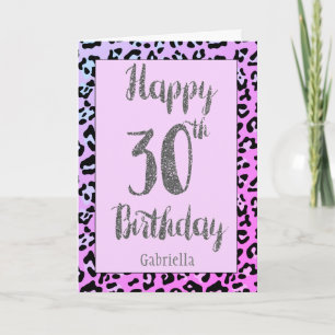 シルバーグリッターレオパードアニマルプリント30th誕生日 カード