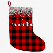 シルバーグリッターレッドとブラックバッファロープレイド スモールクリスマスストッキング (正面)