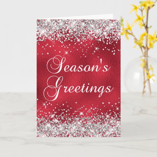 シルバーグリッターレッドガラス箔シーズンのご挨拶 カード (黄色い花)