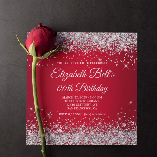 シルバーグリッターレッドグラデーションモノグラファンシーム誕生日 招待状