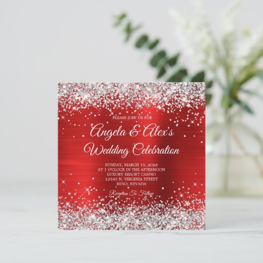 シルバーグリッターレッドフォイルエレガントな結婚式 招待状 (スタンド正面)