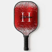 シルバーグリッターレッドフォイルモノグラムの ピックルボールラケット (正面)