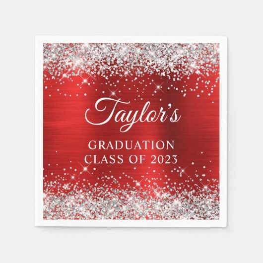 シルバーグリッターレッドフォイル卒業 スタンダードカクテルナプキン (正面)