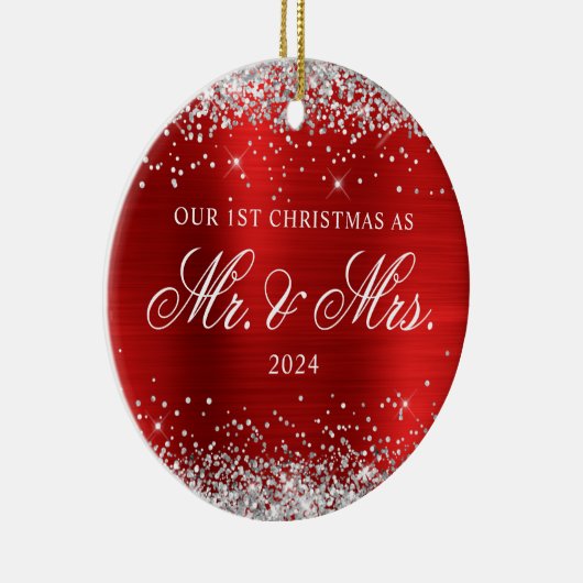 シルバーグリッターレッドフォイル第1回クリスマスフォト セラミックオーナメント (右)