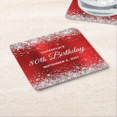 シルバーグリッターレッドフォイル80誕生日 スクエアペーパーコースター (アングル)