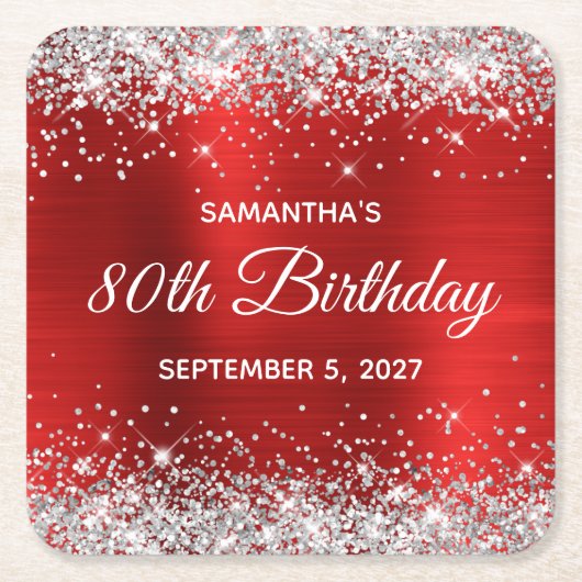 シルバーグリッターレッドフォイル80誕生日 スクエアペーパーコースター (正面)