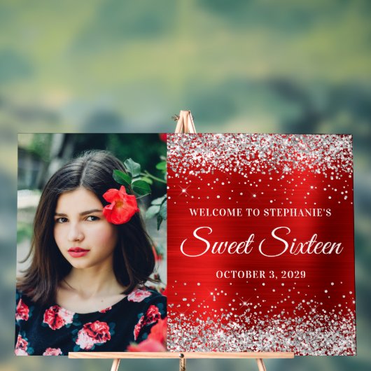 シルバーグリッターレッドフォイルSweet sixteenウェルカムビッグ アクリルサイン (ニュートラル)